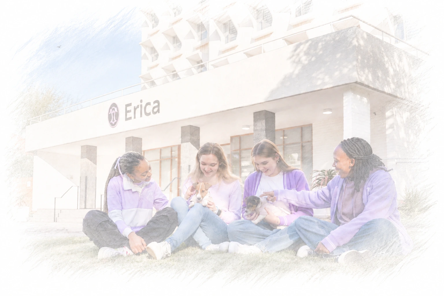 Softly drawn Erica building, four residents and two small dogs